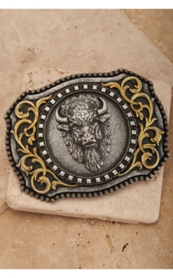 M&F Nocona Antiqued Silver Buffalo Head With Gold Scrolling Rectangle Belt Buckle 37010 11 M&F Nocona Antiqued Silver Buffalo Head With Gold Scrolling Rectangle Belt Buckle 37010 -Western Cowboy Supplies 37010 1