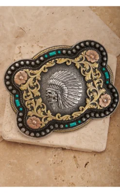 M&F Nocona Indian Chief Skull Floral Scroll Belt Buckle 37038