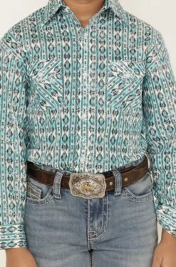 Boys Panhandle RSBSOSR0ND Turquoise Aztec Print Long Sleeve Snap -Western Cowboy Supplies IMG 2691