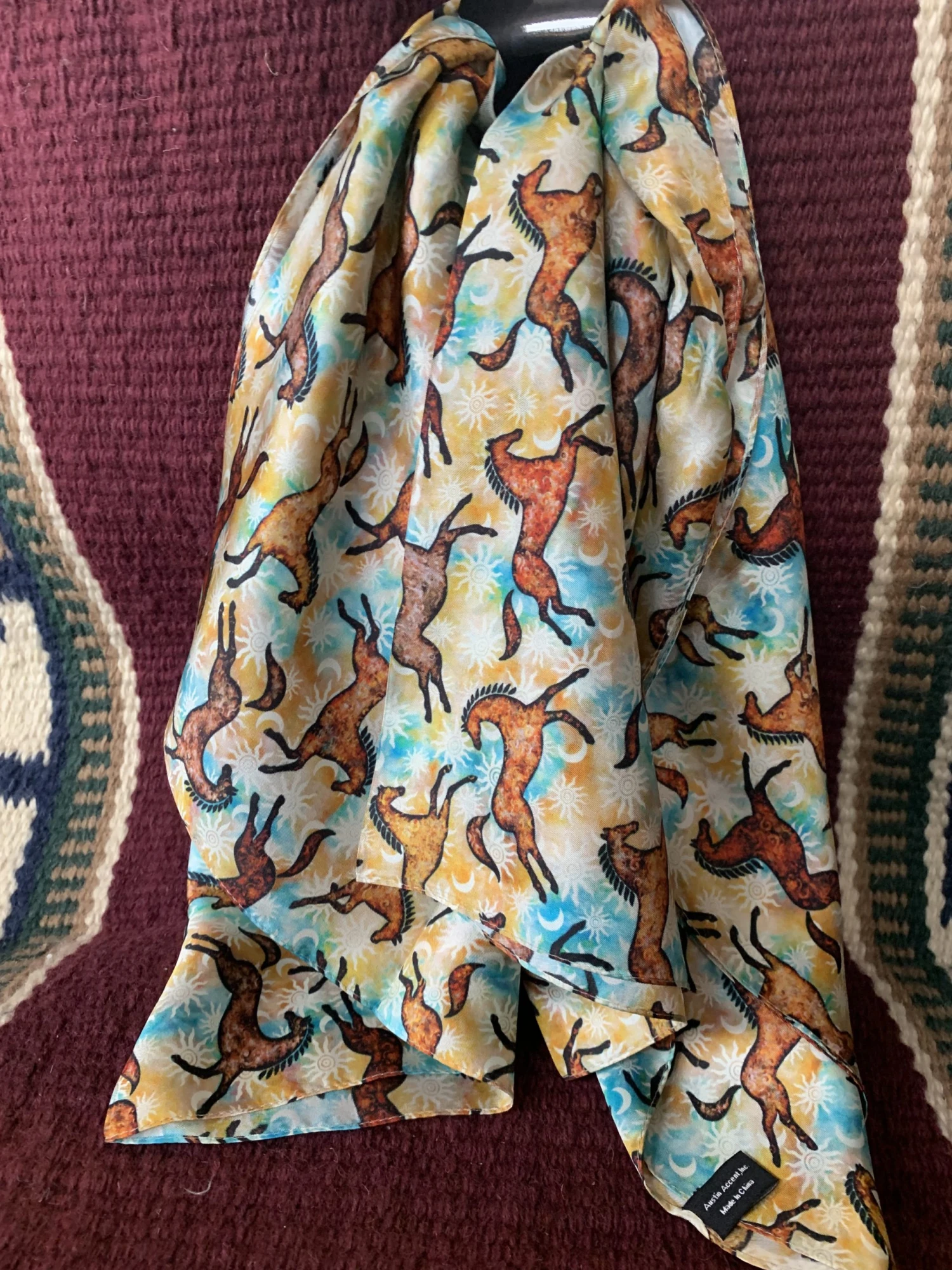 Austin Accents Frolic Horse Patterned Silk Scarf/ Wild Rag 34″X34″ 5 Austin Accents Frolic Horse Patterned Silk Scarf/ Wild Rag 34″X34″ - Image 3