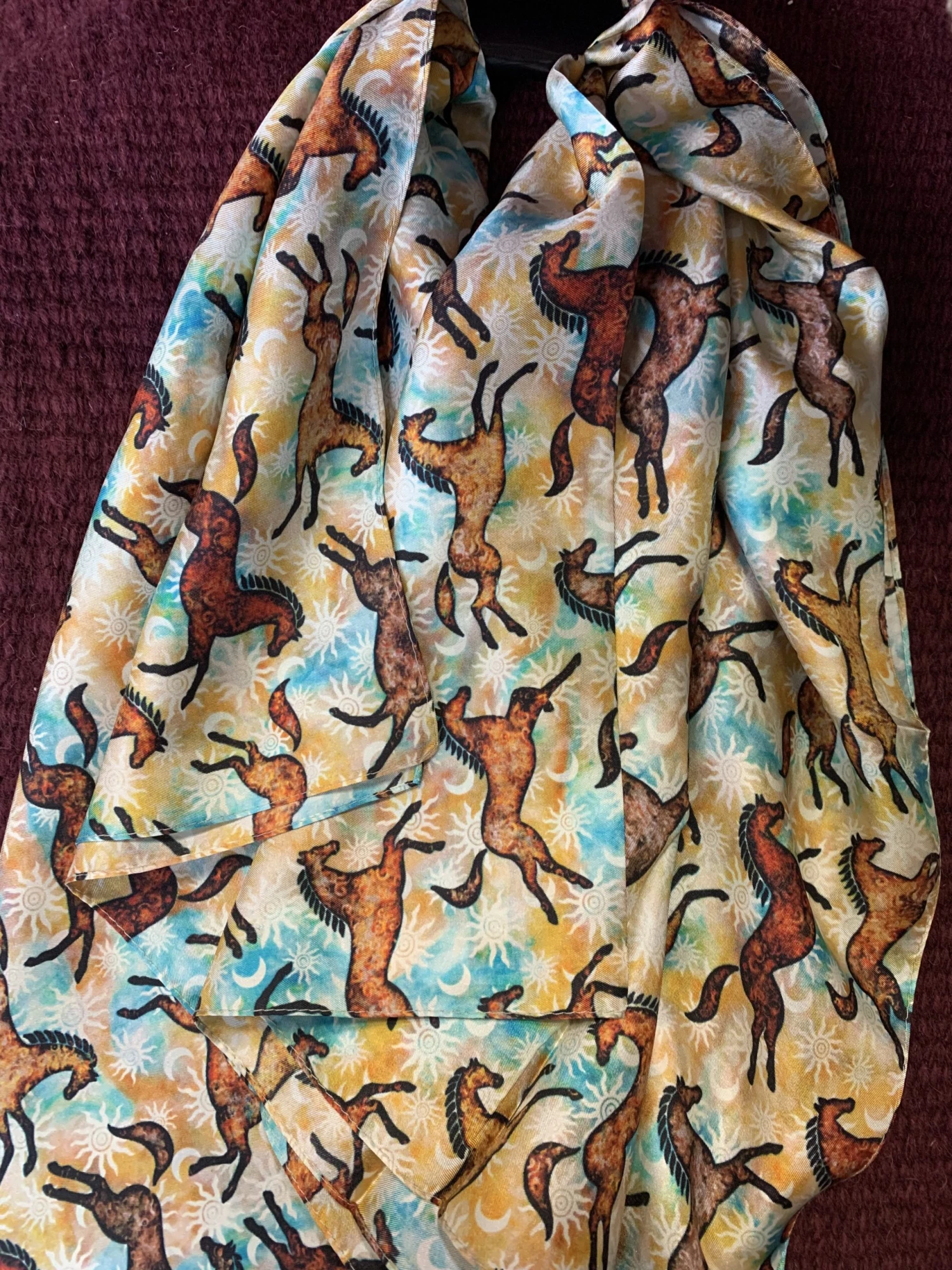 Austin Accents Frolic Horse Patterned Silk Scarf/ Wild Rag 34″X34″ 6 Austin Accents Frolic Horse Patterned Silk Scarf/ Wild Rag 34″X34″ - Image 4