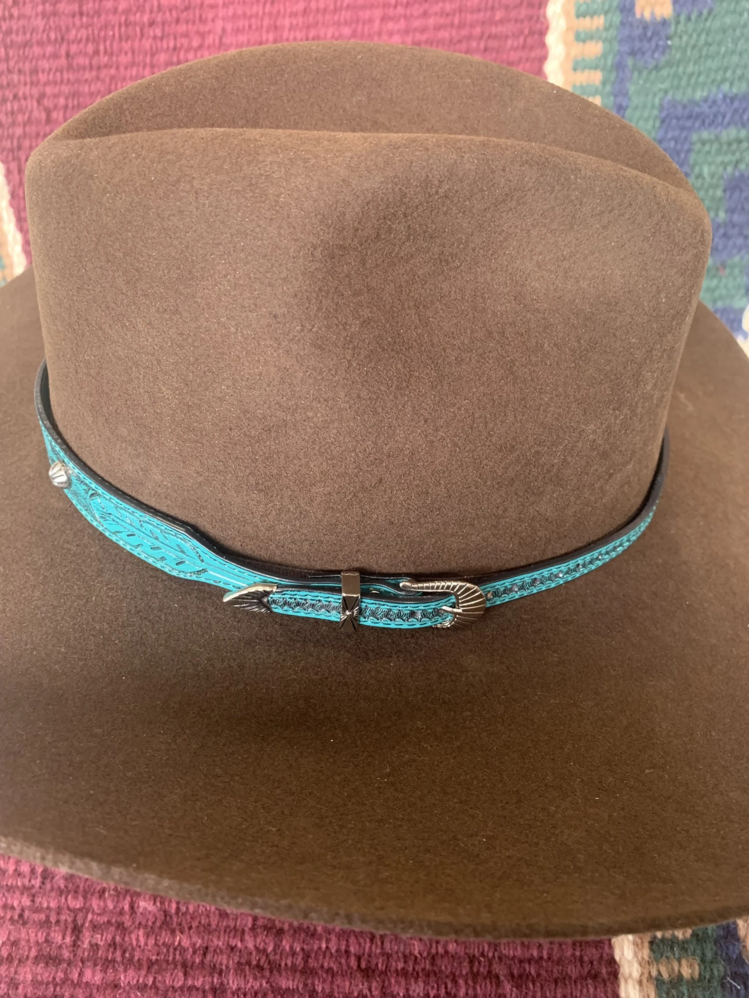 Austin Accent Turquoise Feather Tooled Leather Hat Band LC-69F 4 Austin Accent Turquoise Feather Tooled Leather Hat Band LC-69F - Image 2