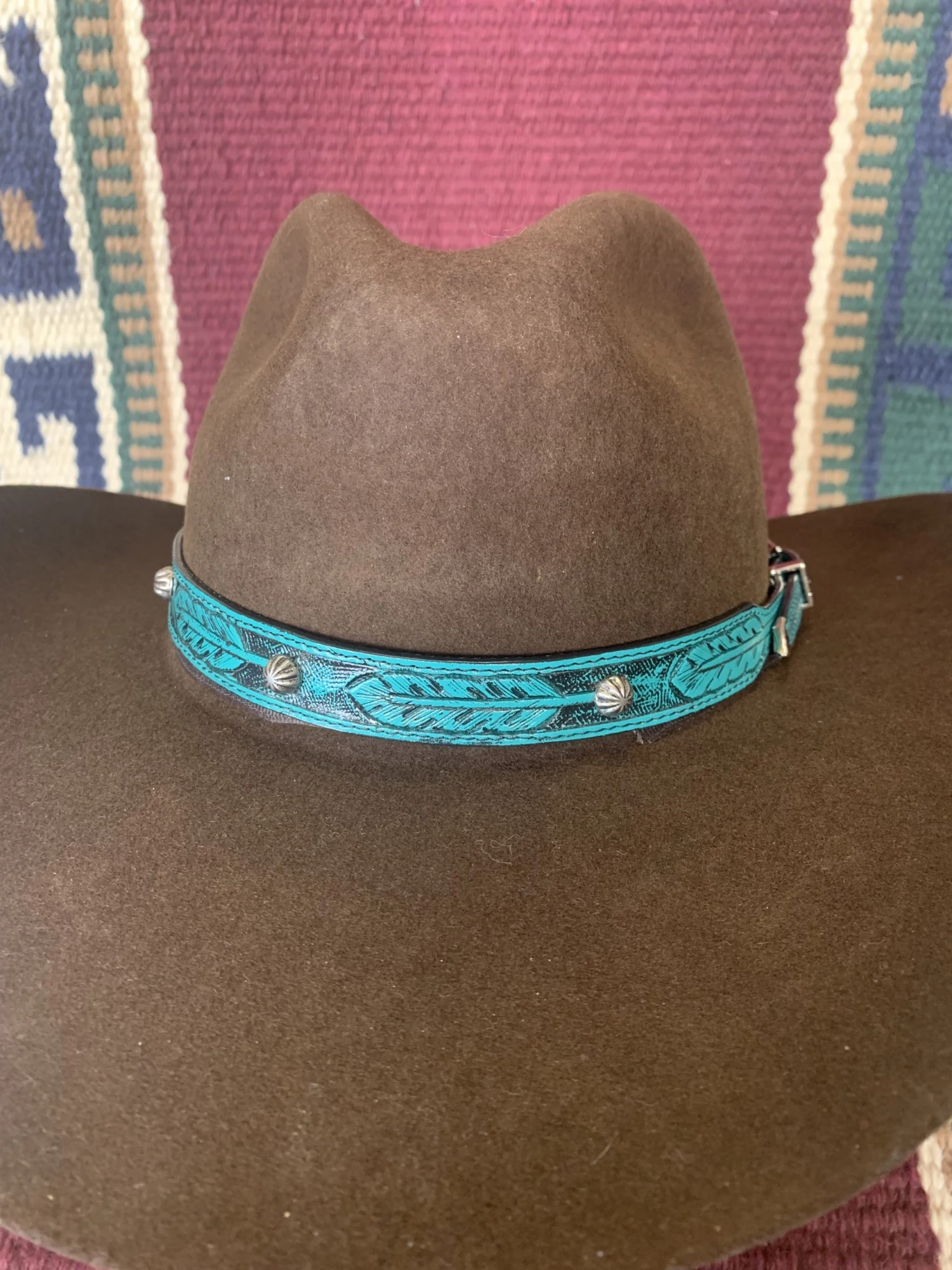 Austin Accent Turquoise Feather Tooled Leather Hat Band LC-69F 5 Austin Accent Turquoise Feather Tooled Leather Hat Band LC-69F - Image 3