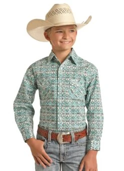 Boys Panhandle RSBSOSR0ND Turquoise Aztec Print Long Sleeve Snap