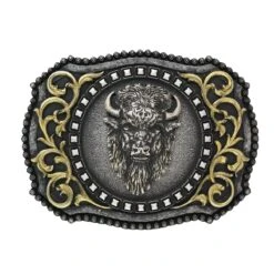 M&F Nocona Antiqued Silver Buffalo Head With Gold Scrolling Rectangle Belt Buckle 37010