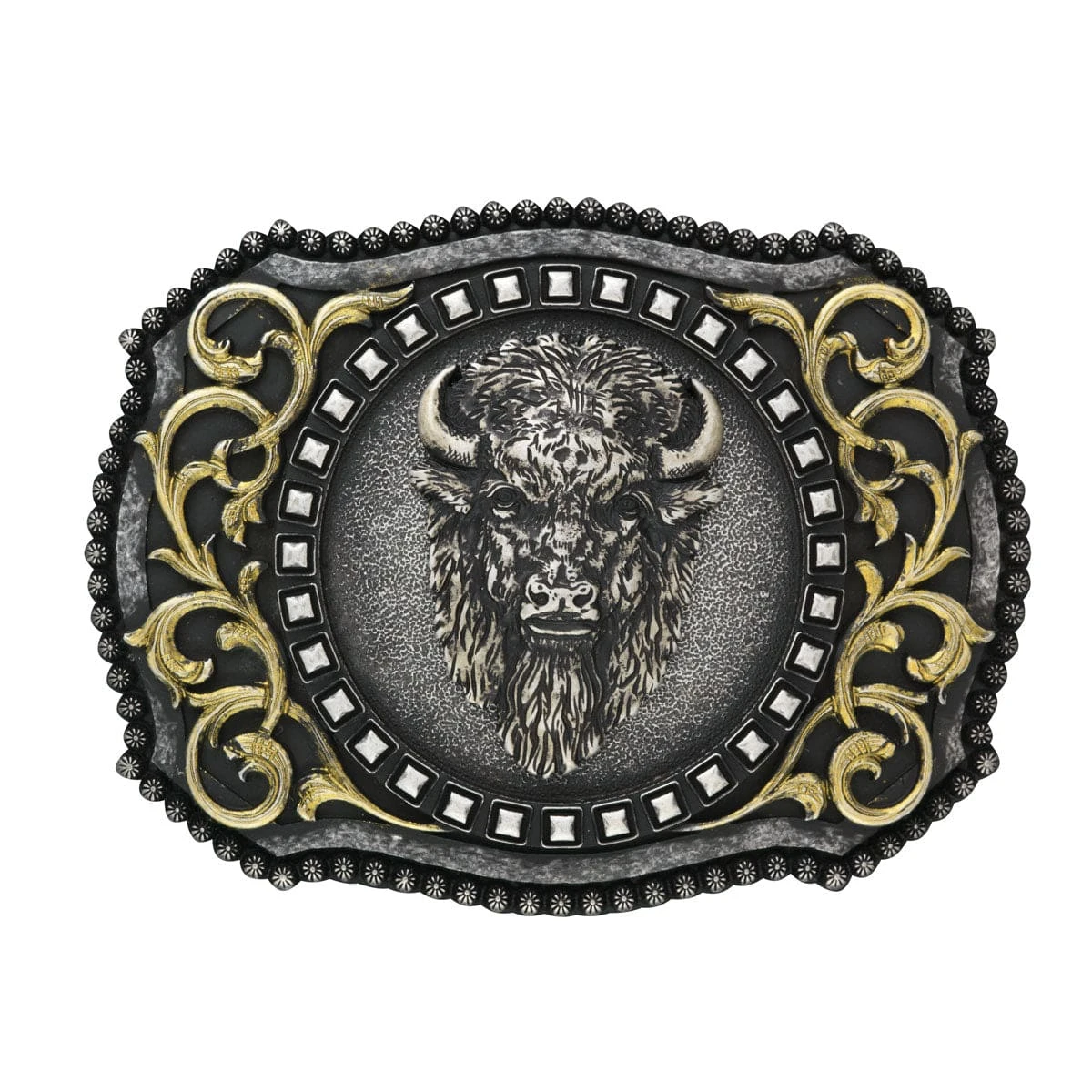 M&F Nocona Antiqued Silver Buffalo Head With Gold Scrolling Rectangle Belt Buckle 37010 3 M&F Nocona Antiqued Silver Buffalo Head With Gold Scrolling Rectangle Belt Buckle 37010