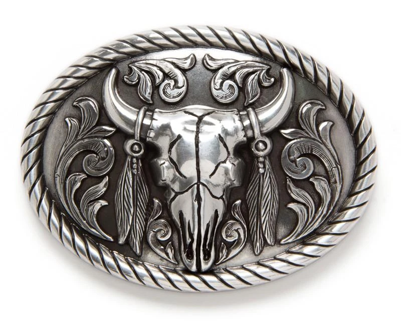 Steer Skull With Feathers Buckle 37030 3 Steer Skull With Feathers Buckle 37030